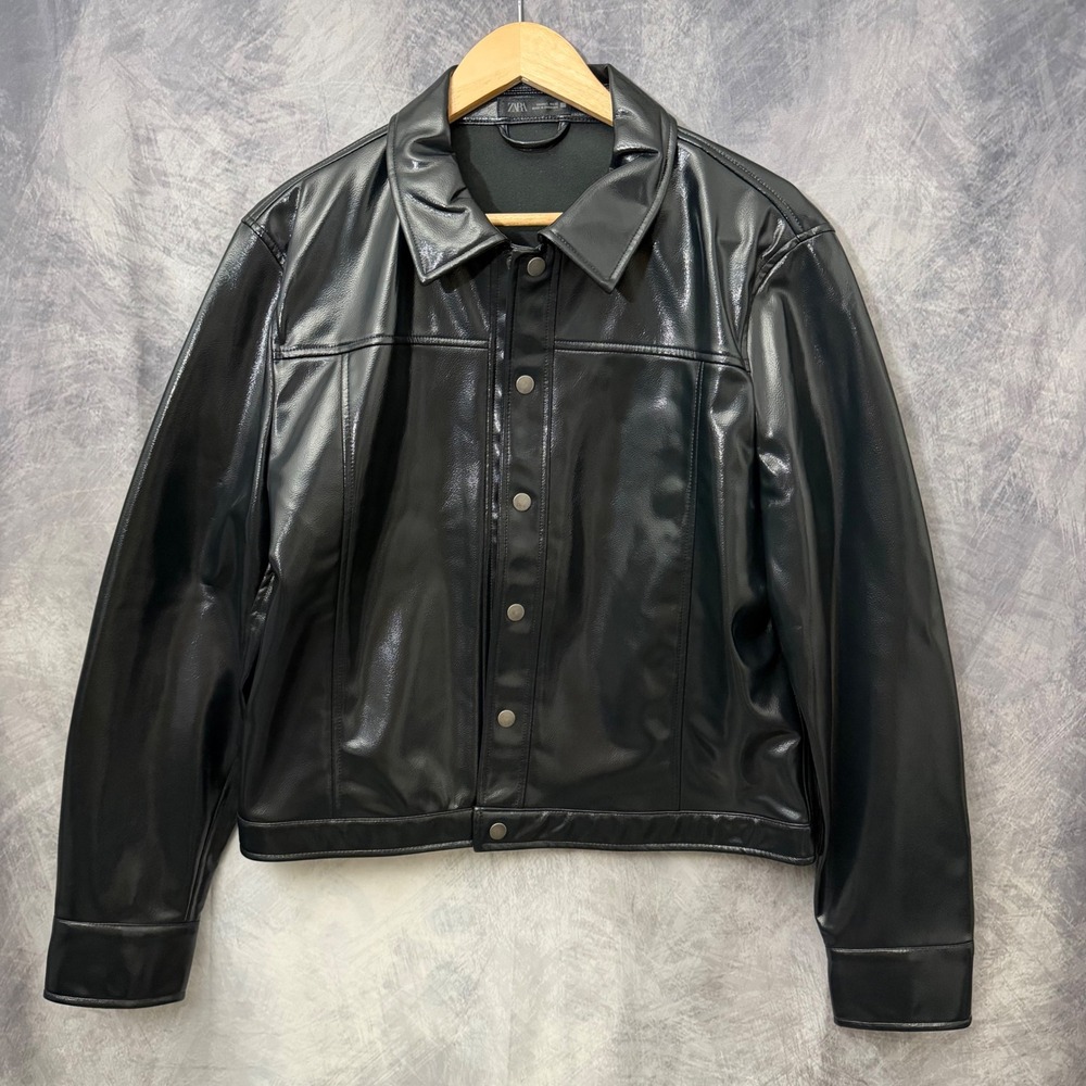 Zara Blue Faux Leather Trucker Jacket Mens L 5320/202 Moto Y2K Streetwear NWT